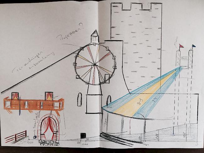 Bühnenbild: Am Schloss Leuk wird ein Riesenrad montiert und die Bühne mit einem Zirkuszelt komplettiert.